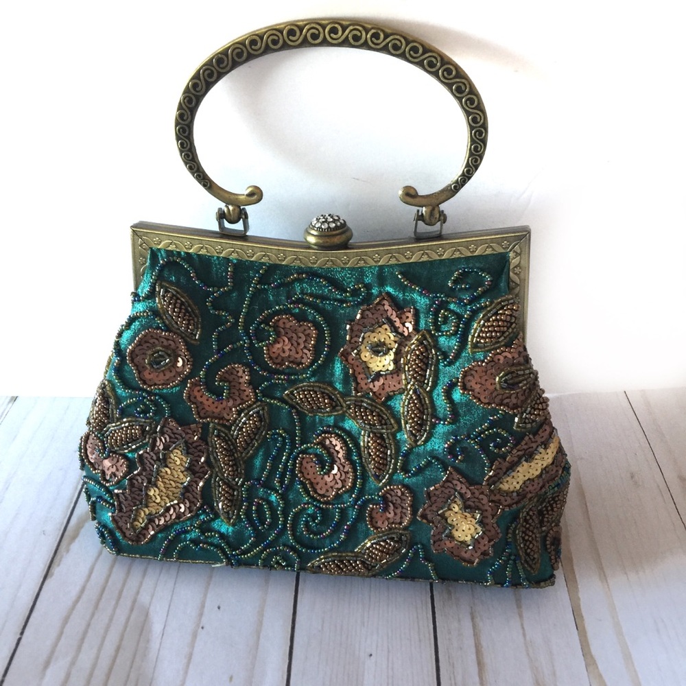 Embellished Beaded Green Gold Floral Handbag Purse
